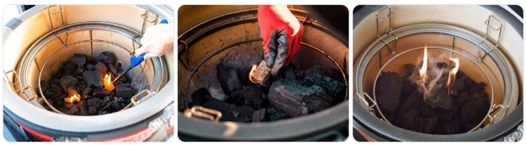 Encendido correcto de un kamado con arrancadores de fuego y carbón vegetal