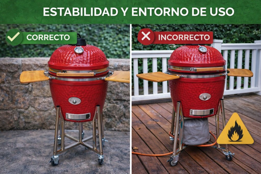 Kamado correctamente colocado sobre superficie estable frente a uso inseguro en entorno inadecuado