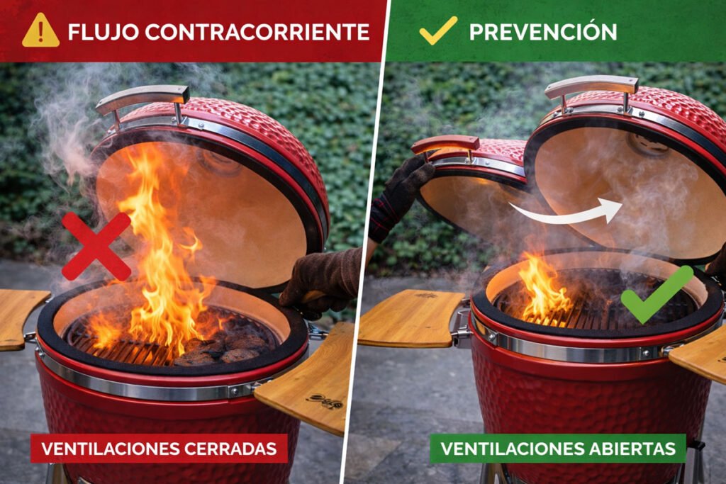 Flujo contracorriente en un kamado y forma correcta de prevenirlo al abrir el domo de manera segura