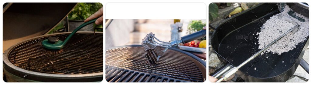 Limpieza básica del kamado tras el uso con cepillo y retirada de cenizas