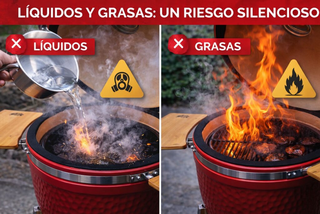 Grasas y líquidos cayendo sobre las brasas en un kamado, provocando llamaradas y riesgo de combustión