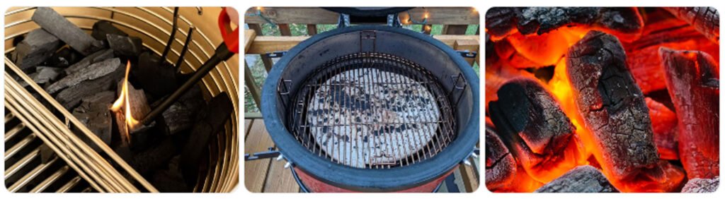 Curado inicial del kamado con carbón encendido antes del primer uso