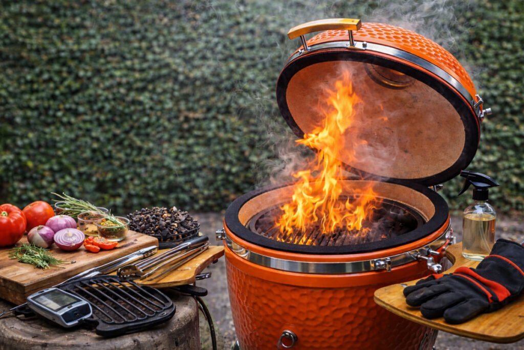 Kamado en funcionamiento con fuego activo que representa los principios básicos de uso, control del calor y cocción en kamado