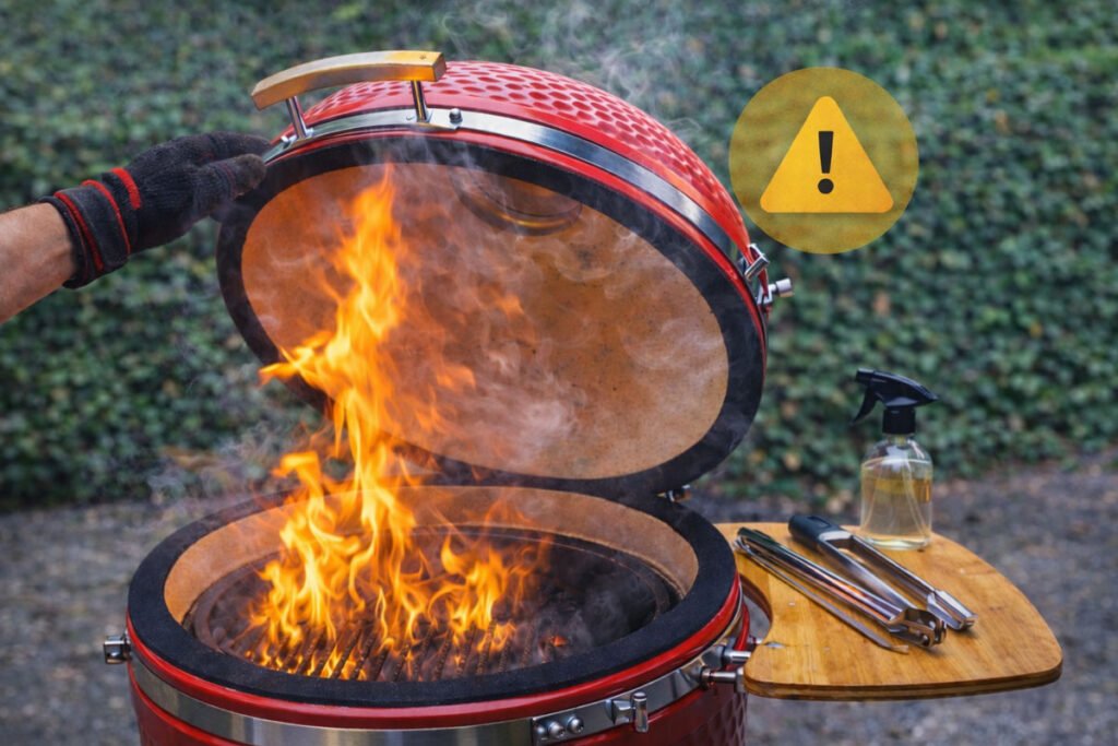Apertura segura del domo en un kamado con fuego activo y símbolo de advertencia