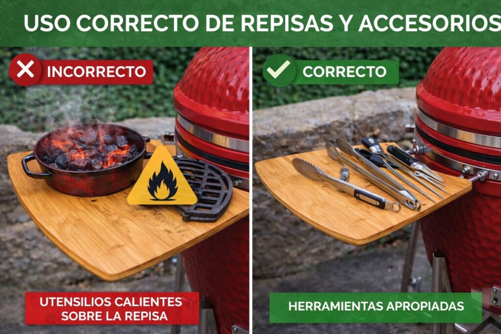 Uso correcto e incorrecto de repisas y accesorios en un kamado con utensilios seguros y riesgo por objetos calientes