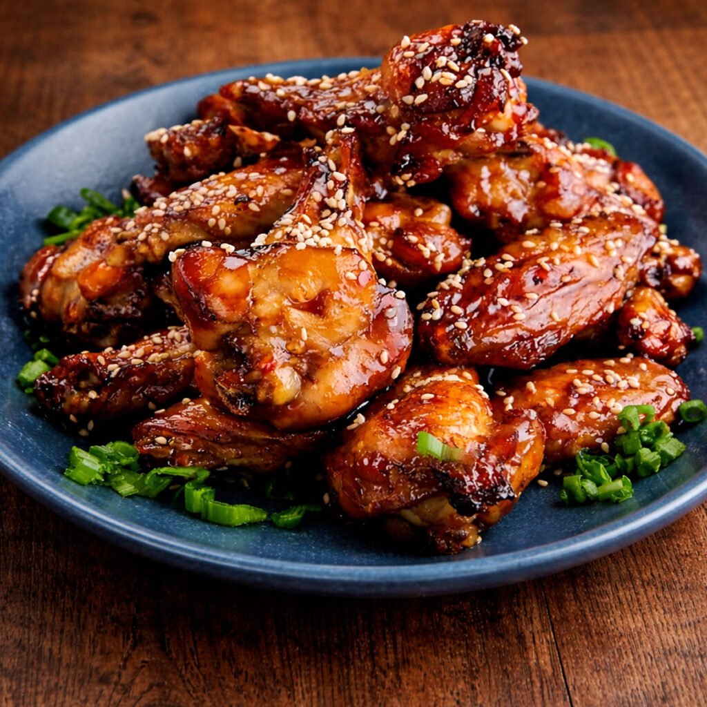 Alitas asiáticas en kamado glaseadas con salsa dulce y semillas de sésamo servidas en plato azul