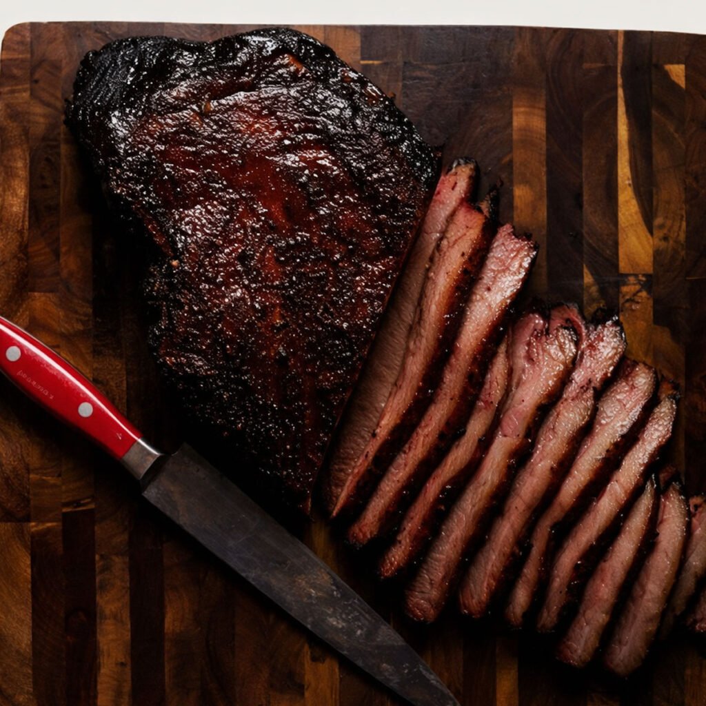 Brisket de ternera ahumado en kamado cortado en lonchas sobre tabla de madera