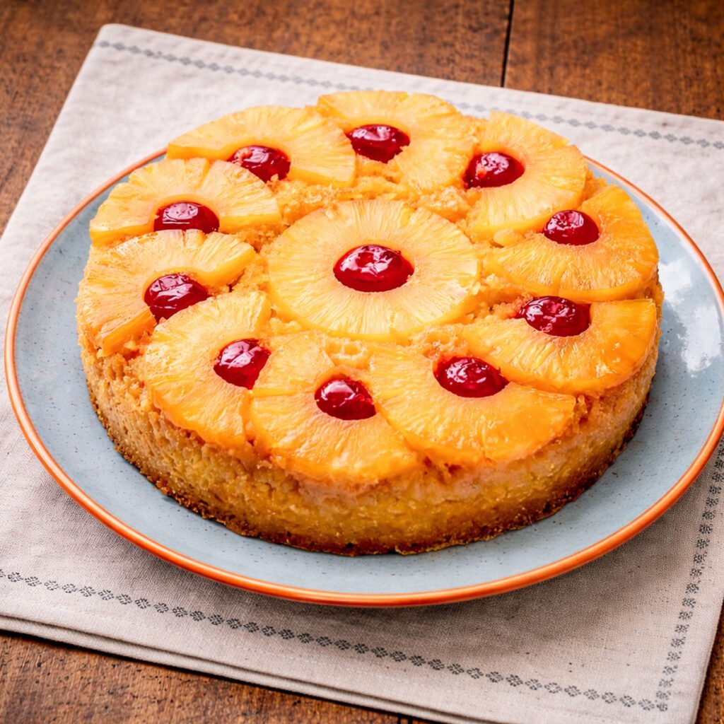 Cake invertido de piña y especias al kamado sobre mesa de roble rústico