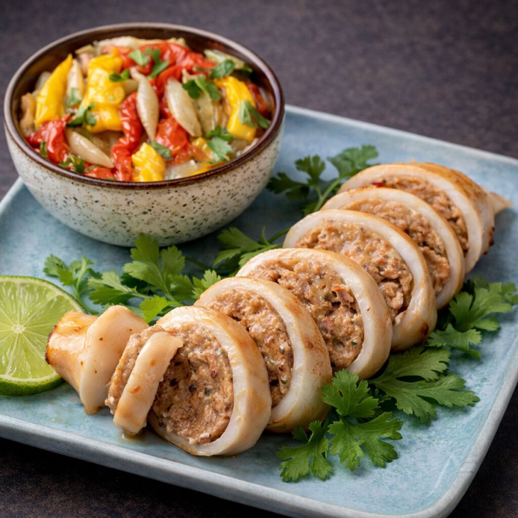 Calamares rellenos en kamado con escabilada de verduras asadas