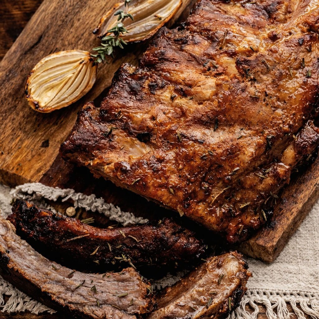 Costillas de cerdo en kamado doradas y jugosas sobre tabla de madera con hierbas aromáticas