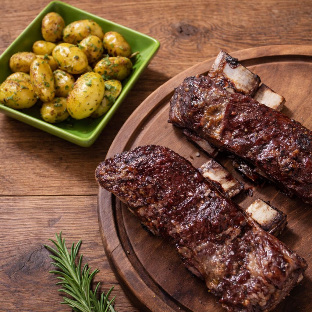 Costillas de ternera en kamado con patatas en costra sobre mesa rústica