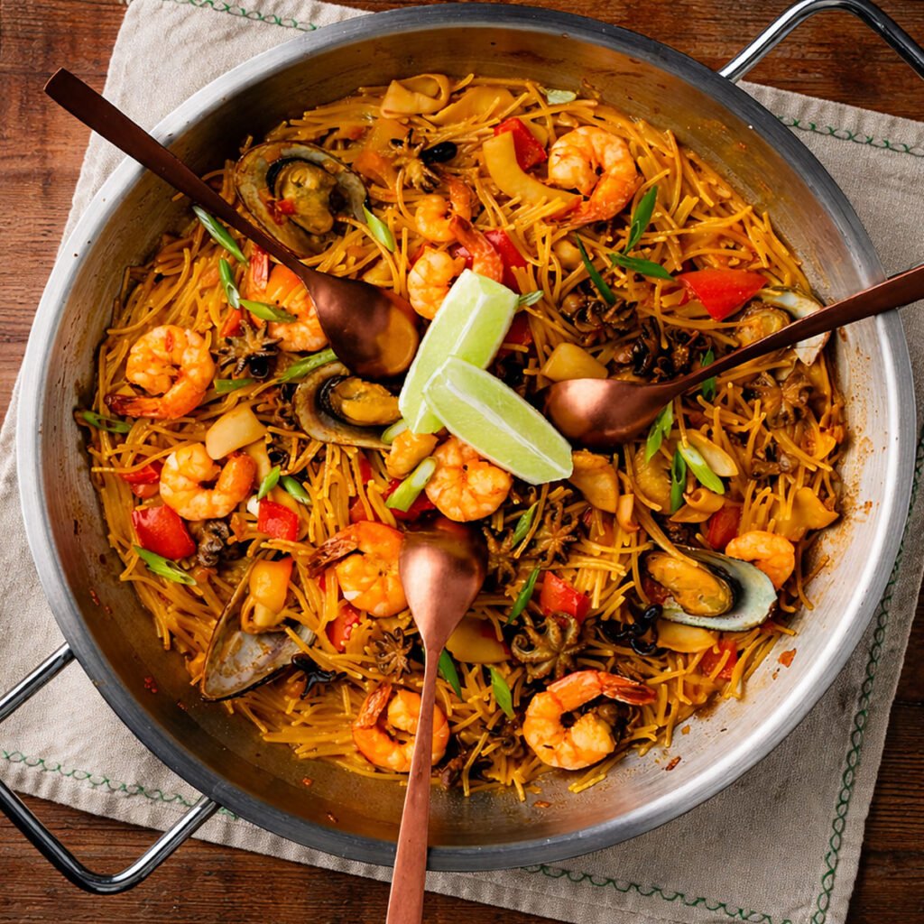 Fideuá de mariscos cocinada en kamado con gambas, mejillones y fideos dorados sobre mesa rústica