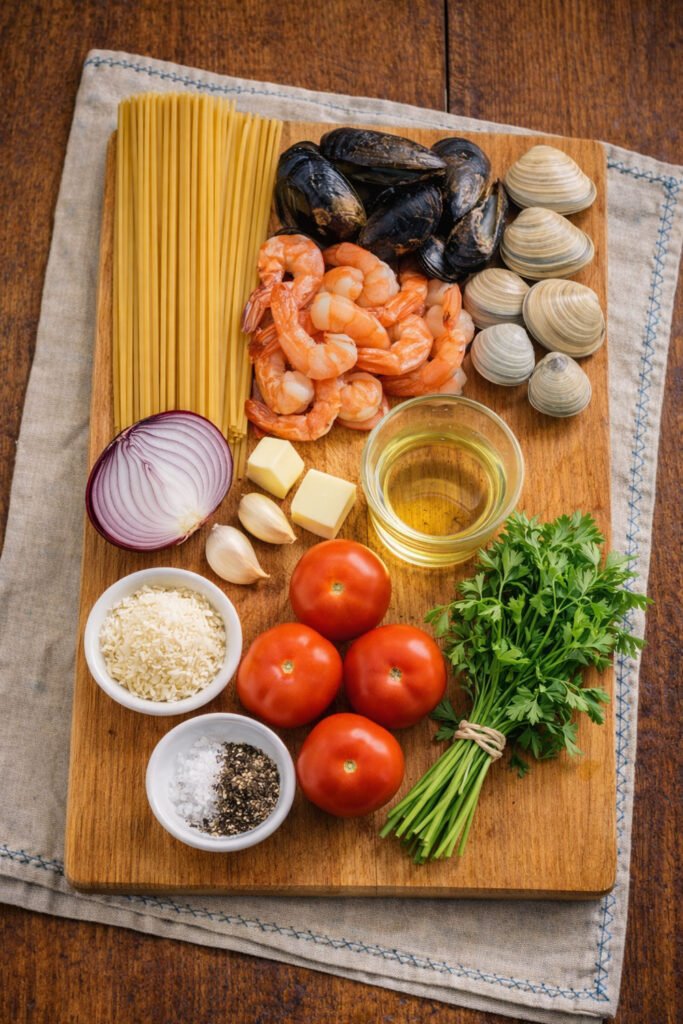 Ingredientes frescos para preparar spaghetti con mariscos: mejillones, almejas, gambas, tomate, ajo y perejil