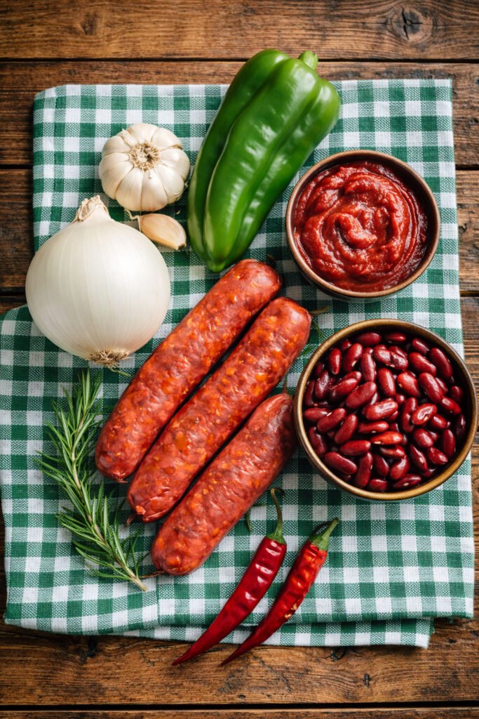 Ingredientes para preparar alubias rojas en kamado: cebolla blanca, chorizo fresco, ajo, pimiento verde, pasta de tomate, cayena y frijoles rojos sobre mantel rústico