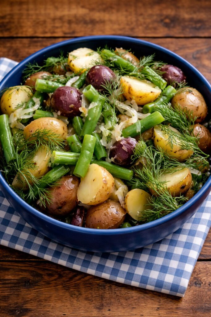 Ensalada de patatas y vainas con hierbas frescas lista para acompañar el T-bone steak