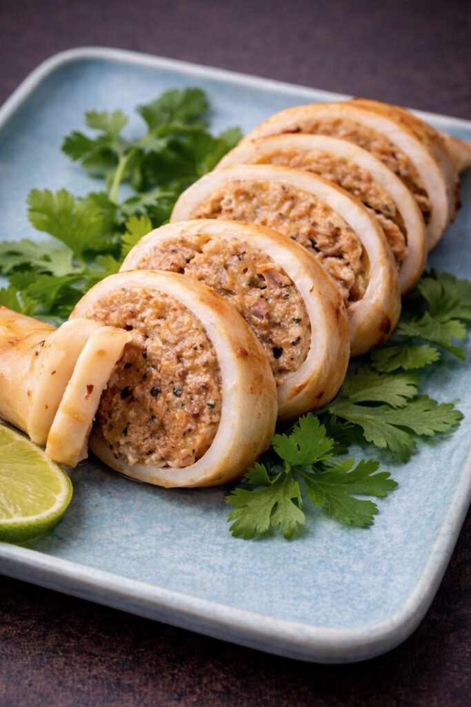 Calamares rellenos colocados en la bandeja antes de la cocción en kamado