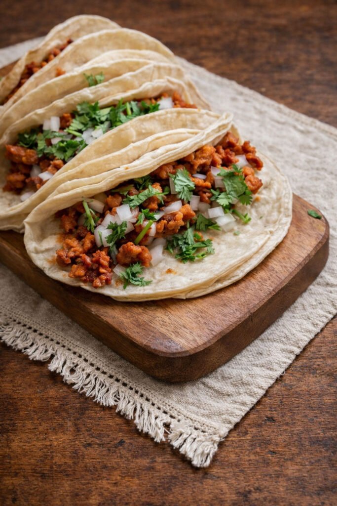 Tacos al pastor preparados con carne adobada, cebolla y cilantro sobre tabla de madera rústica