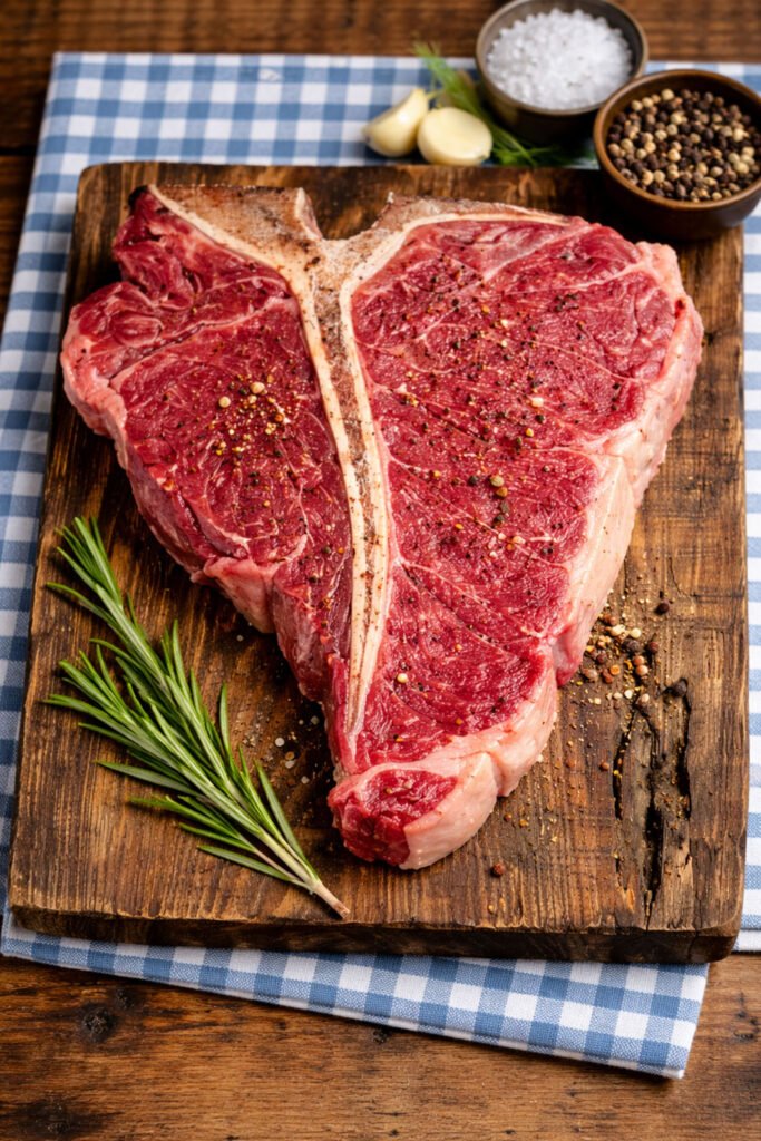 T-bone steak crudo sobre tabla de madera preparado para cocinarse en kamado