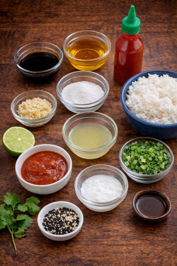 Ingredientes para el lacado asiático con salsa de soja, miel, sriracha, sésamo y hierbas frescas sobre mesa rústica