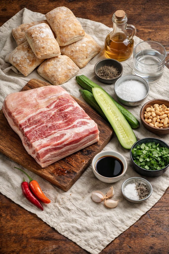 Ingredientes para preparar sándwich de panceta de cerdo ahumada sobre mantel rústico