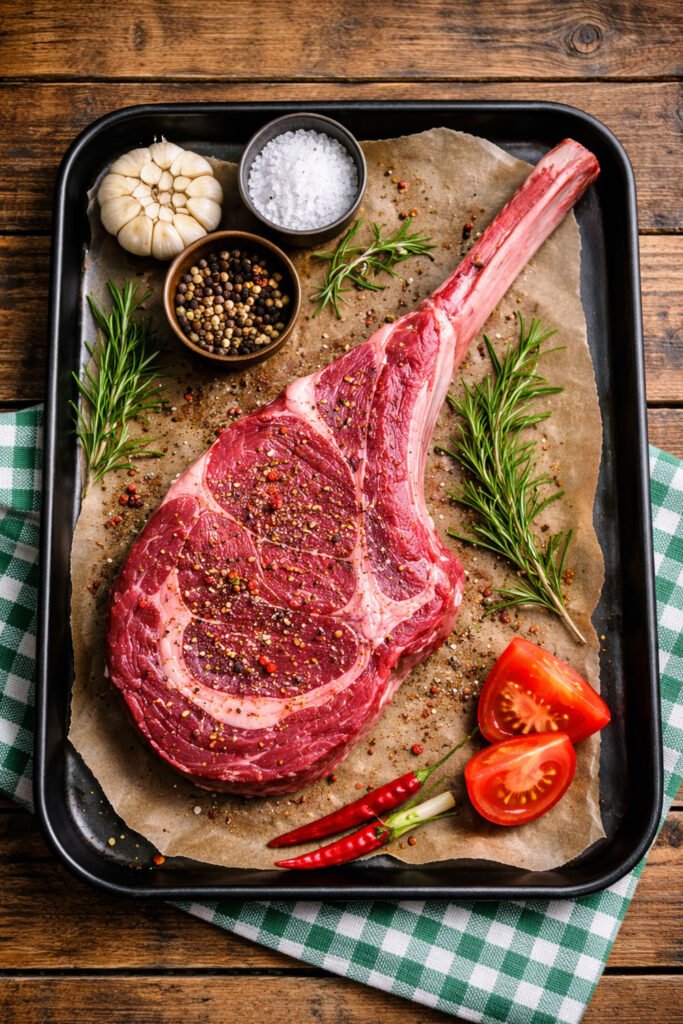 Tomahawk de ternera crudo sobre bandeja con sal, pimienta y romero preparado para cocinar en kamado