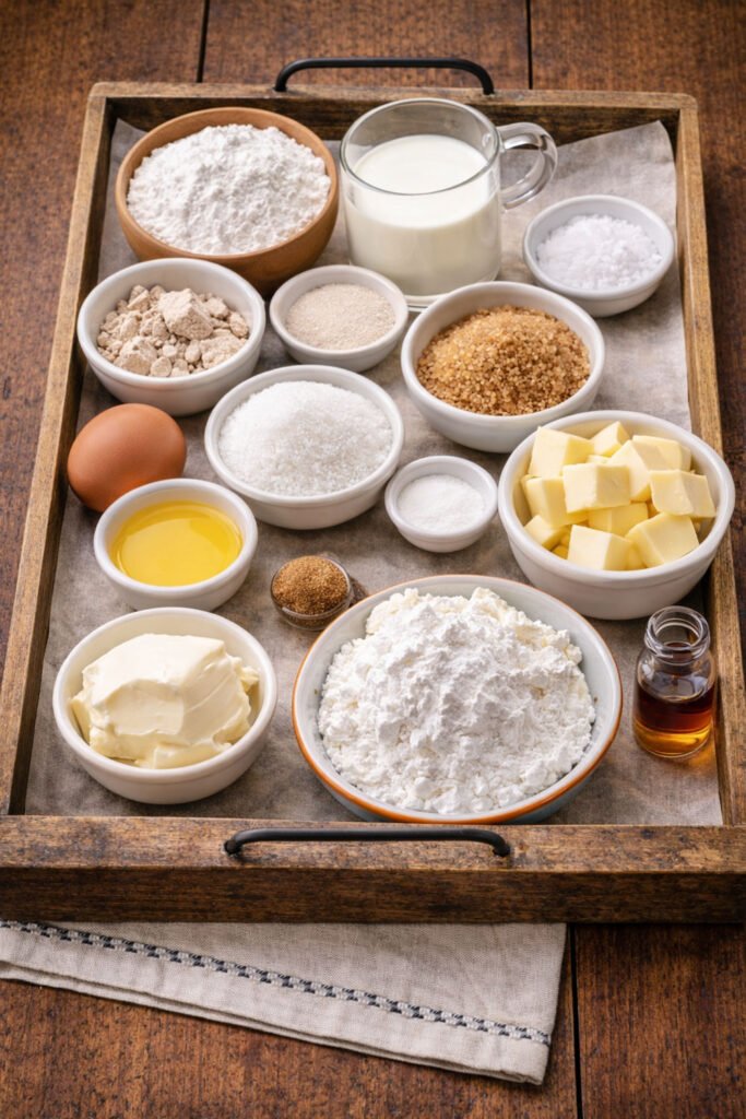 Ingredientes para preparar rollitos de canela al kamado sobre bandeja rústica de madera