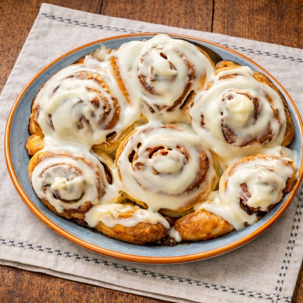 Rollitos de canela glaseados recién horneados al kamado sobre mesa rústica