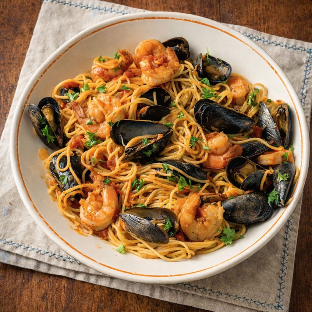 Spaghetti con mariscos cocinados al kamado sobre mesa rústica de roble