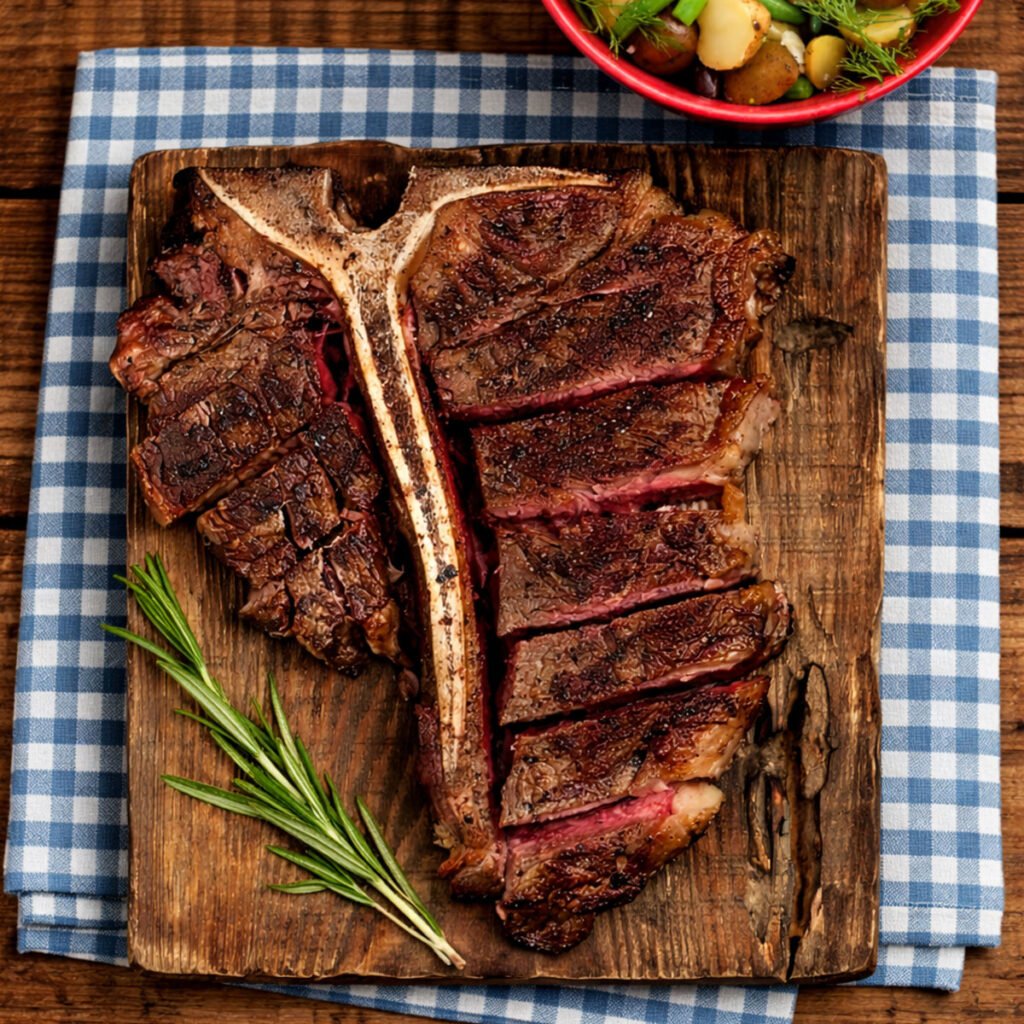 T-bone steak en kamado servido sobre tabla de madera con ensalada de patatas y judías verdes