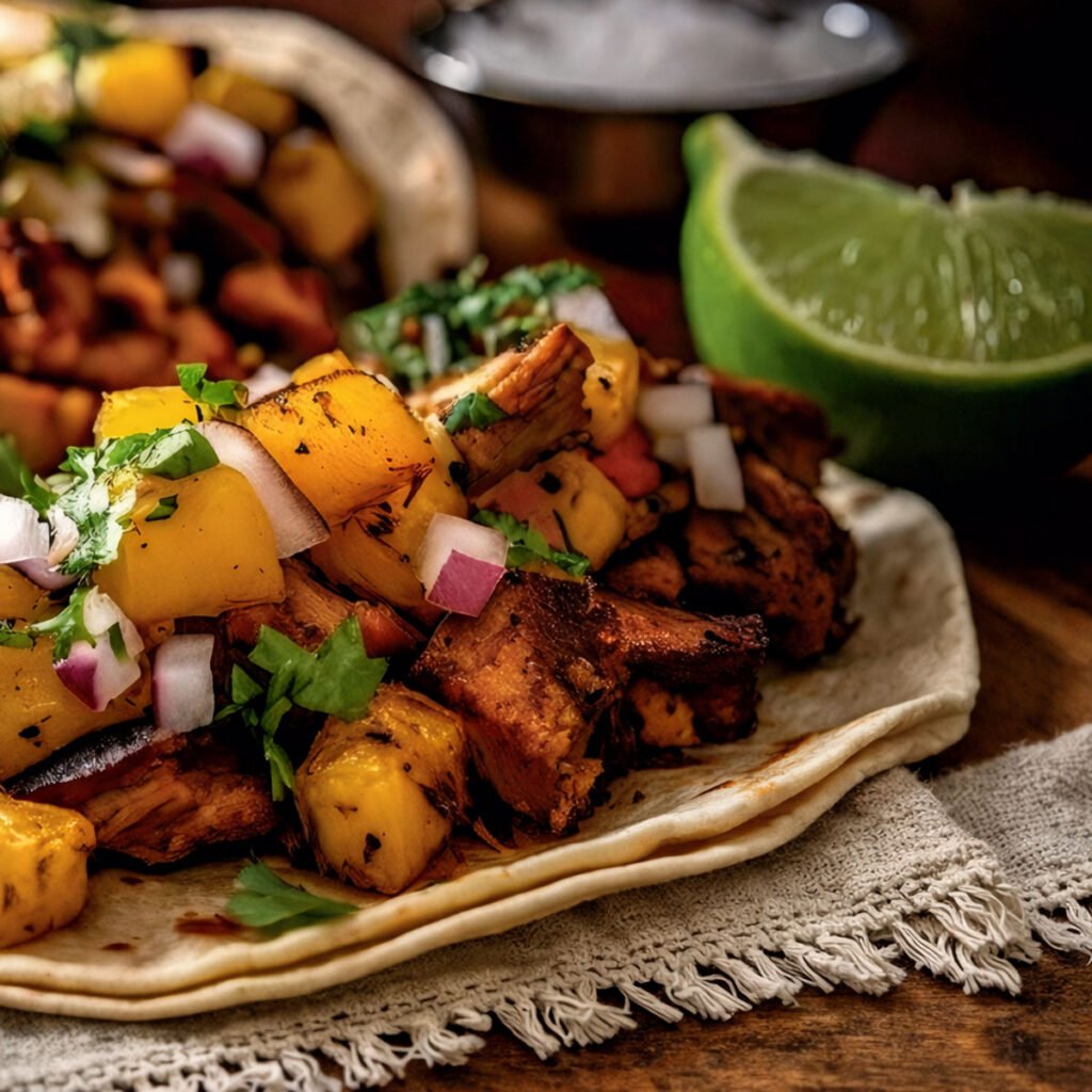Tacos al pastor en kamado con cerdo y piña asada servidos sobre tortilla artesanal