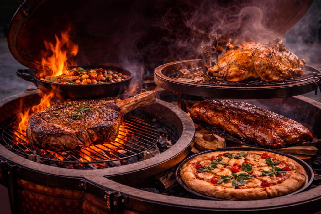 Diferentes tipos de cocción en kamado con carne, pizza, pollo, verduras y asados a distintas alturas