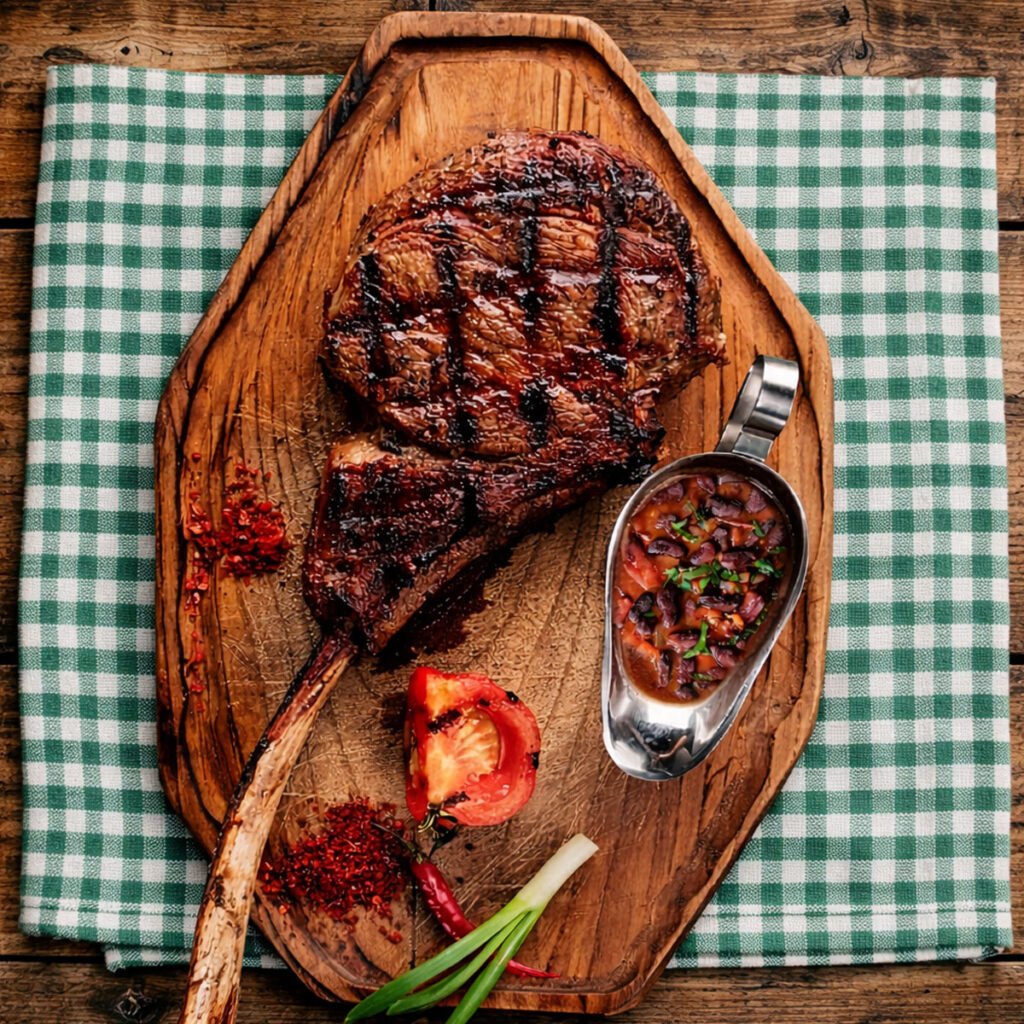 Tomahawk de ternera en kamado con alubias rojas servido sobre tabla de madera