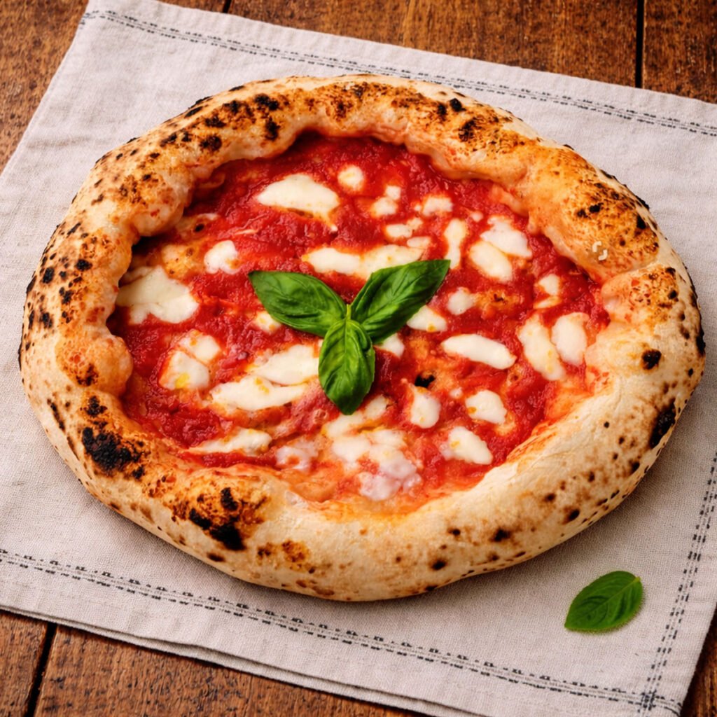Pizza artesanal al kamado con tomate, mozzarella fundida y albahaca fresca sobre mantel rústico y mesa de roble