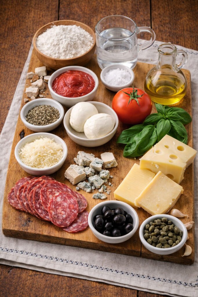 Ingredientes para preparar pizzas y calzone al kamado sobre mesa de roble rústica