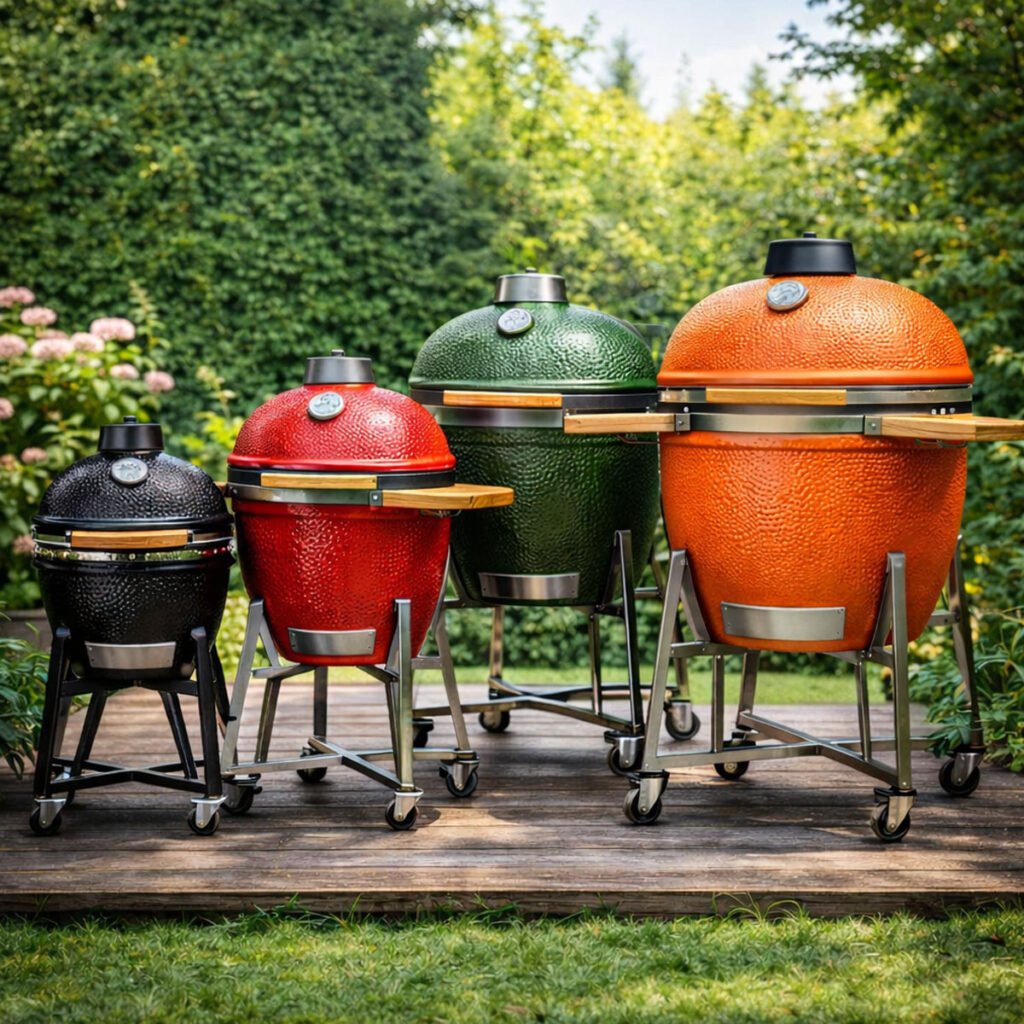 Kamados de distintos tamaños y colores en jardín exterior, barbacoas cerámicas para cocinar al aire libre
