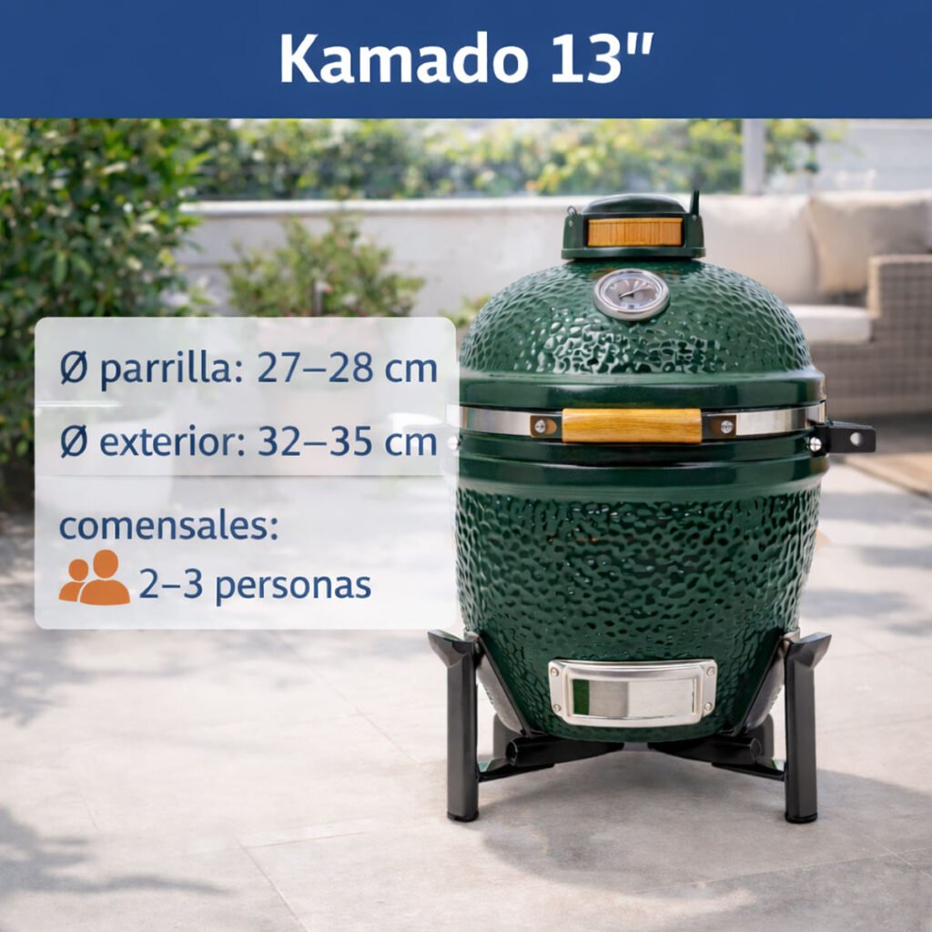 Kamado 13 pulgadas verde con medidas de parrilla y exterior, ideal para 2–3 personas