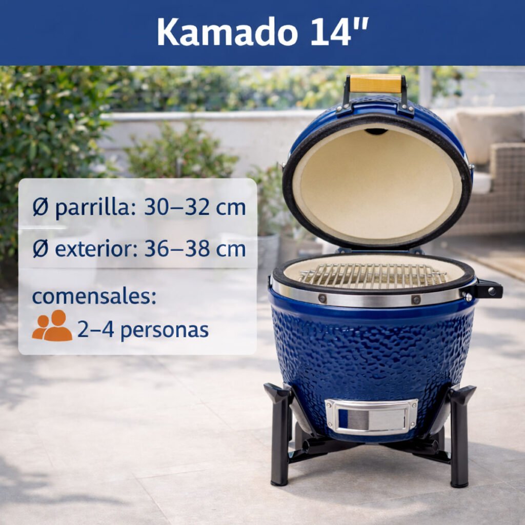 Kamado 14 pulgadas azul abierto con medidas de parrilla y exterior, ideal para 2–4 personas