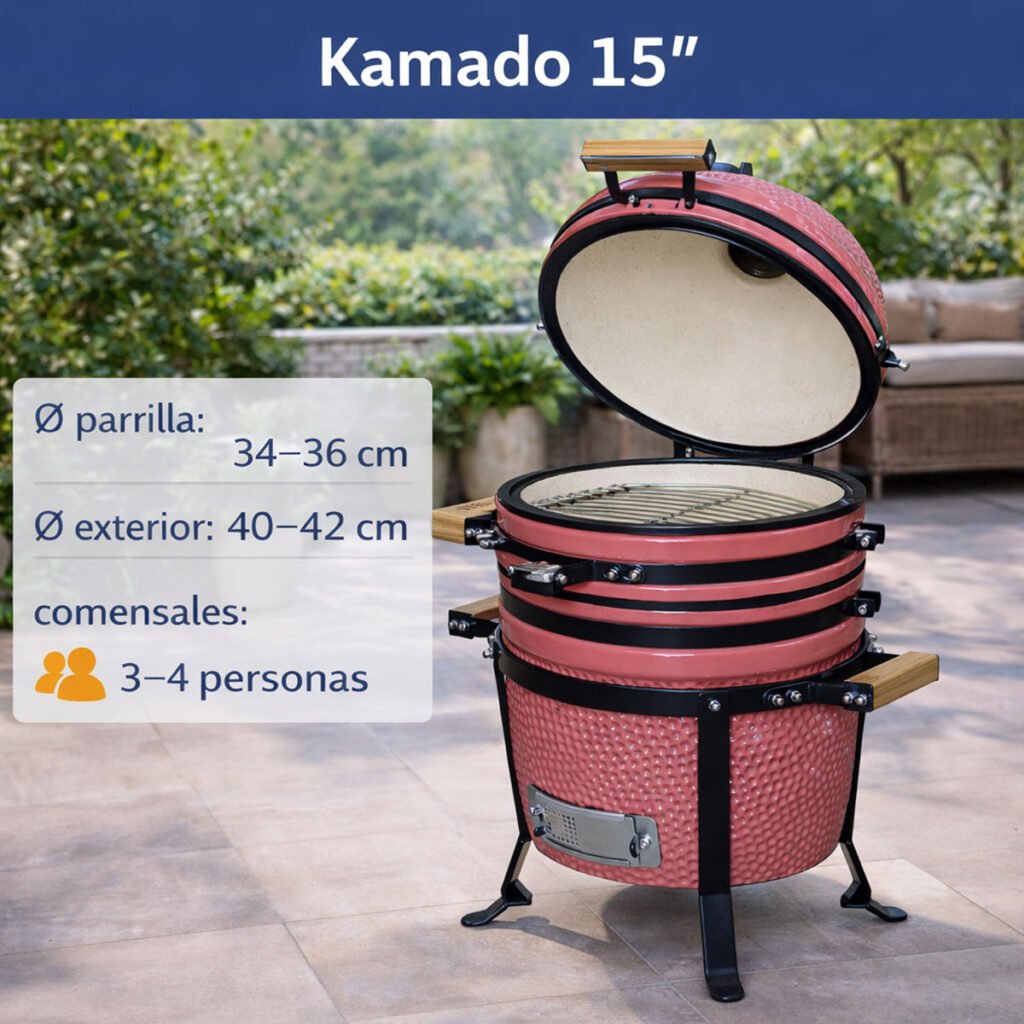 Kamado 15 pulgadas abierto en terraza de jardín con medidas de parrilla y exterior, ideal para 3–4 personas