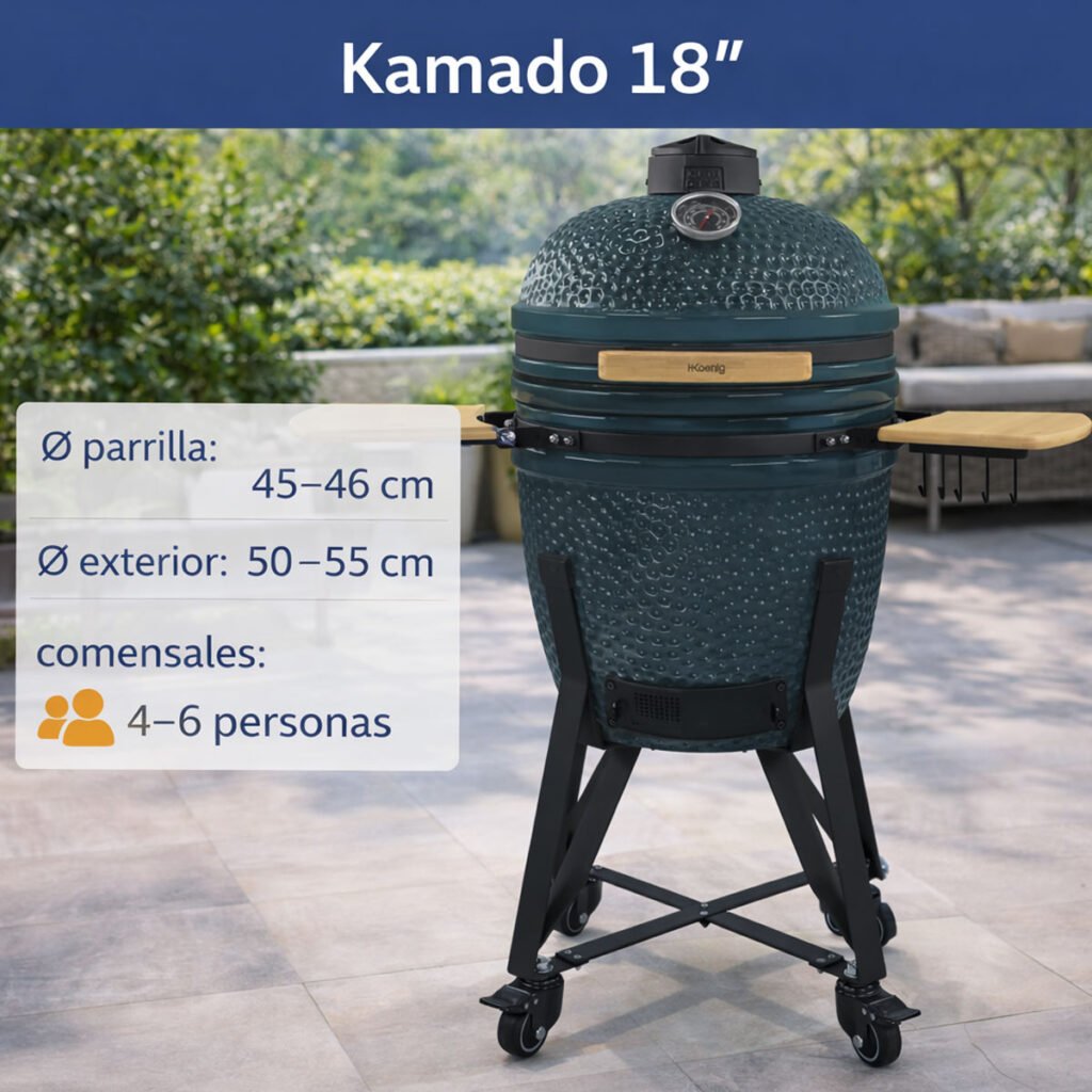 Kamado 18 pulgadas en terraza de jardín con medidas de parrilla y exterior, ideal para 4–6 personas