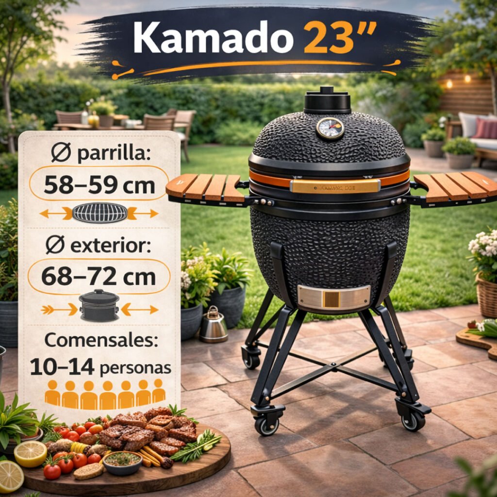 Kamado 23 pulgadas en jardín con medidas 58–59 cm de parrilla, 68–72 cm exterior y capacidad para 10–14 personas