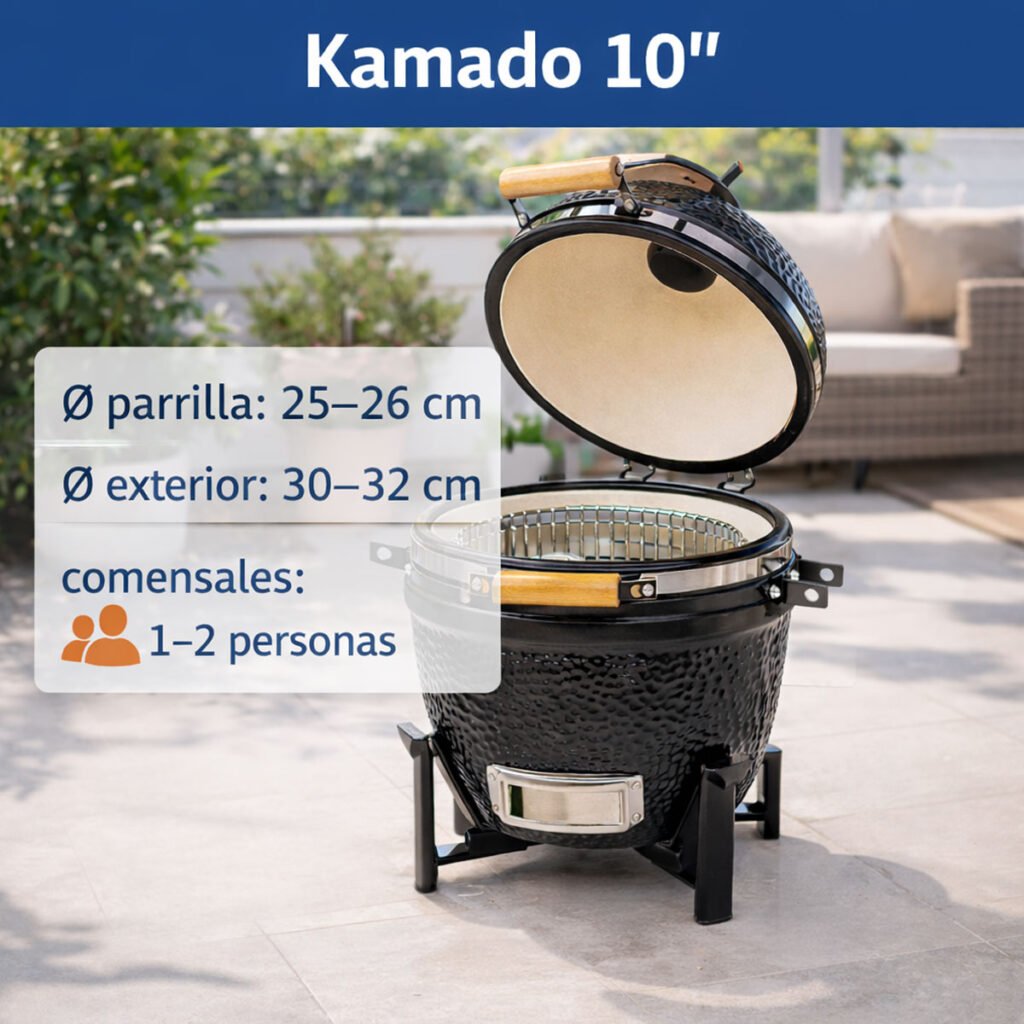 Kamado 10 pulgadas abierto con medidas de parrilla y exterior, ideal para 1–2 personas