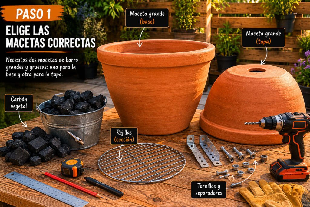 Macetas de barro grandes colocadas sobre mesa de trabajo exterior con herramientas DIY y carbón preparado.