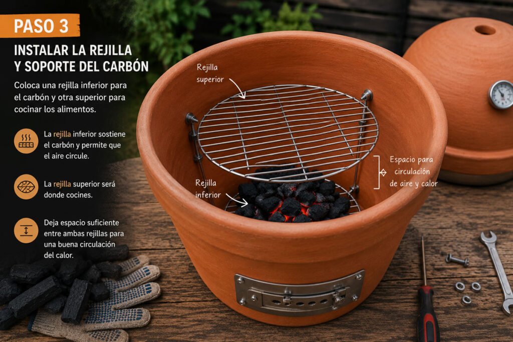 Interior del kamado artesanal mostrando las rejillas metálicas y el espacio para carbón.