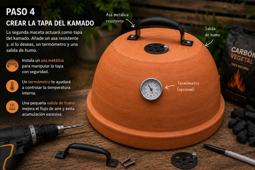 Tapa de maceta transformada en tapa de kamado artesanal con asa y termómetro.
