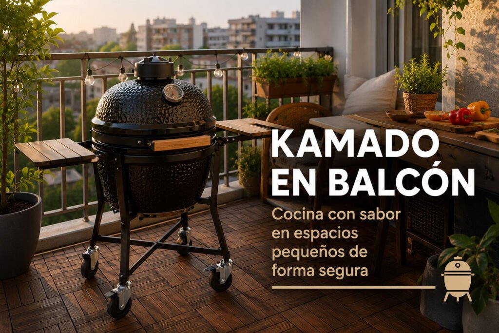 Kamado en balcón moderno con ruedas sobre terraza urbana pequeña y segura