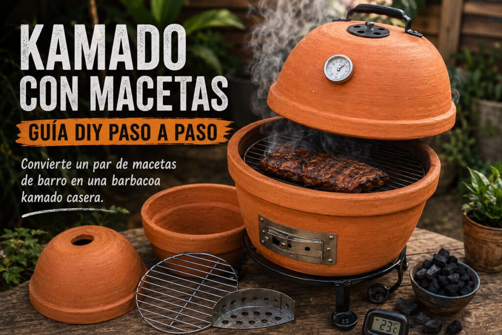 Kamado con macetas casero hecho con barro y rejillas metálicas en jardín exterior