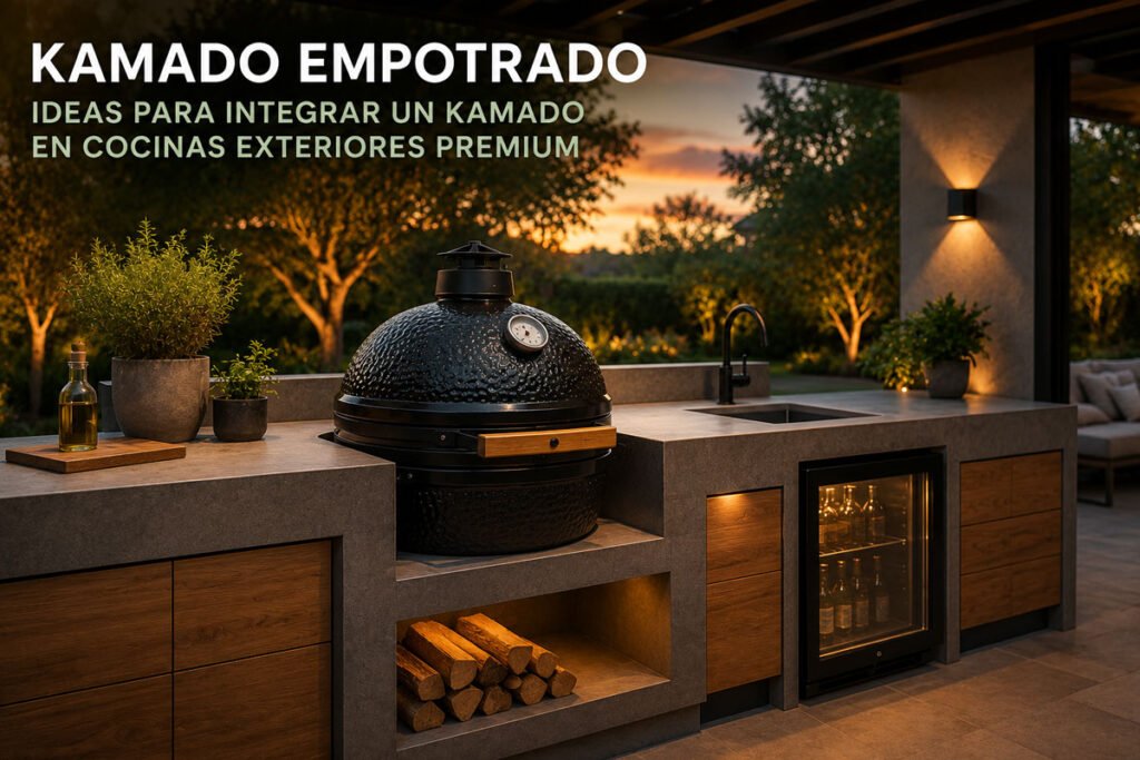 Kamado empotrado integrado en cocina exterior premium cubierta con diseño moderno