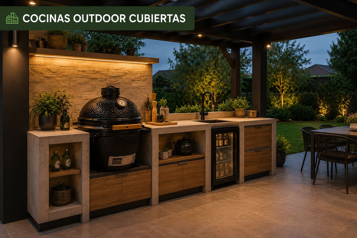 Kamado en cocina outdoor cubierta moderna