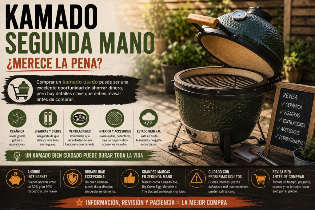Kamado de segunda mano abierto en terraza exterior con guía de revisión antes de comprar