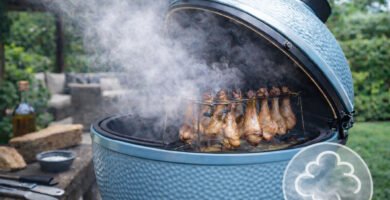 Ahumado en kamado con humo envolvente y cocción lenta en jardín